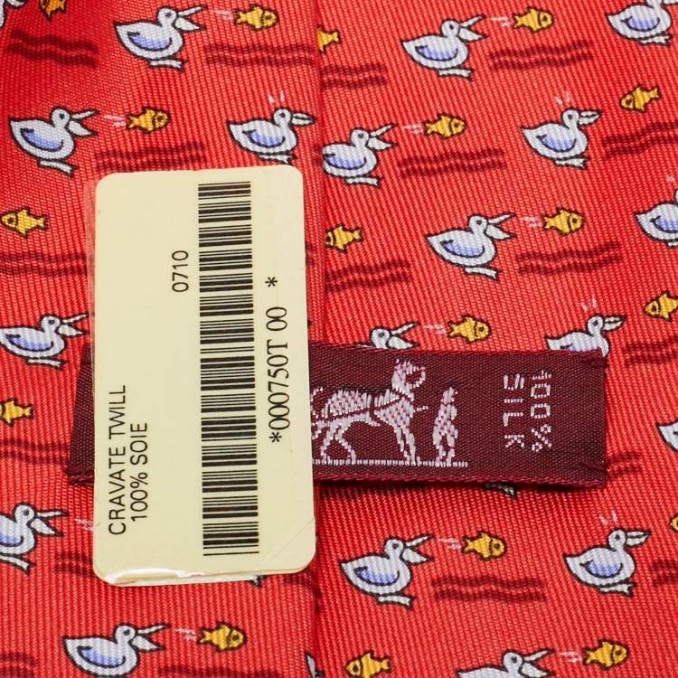 Pre Owned Hermès Red Duck and Fish Print Silk Tie