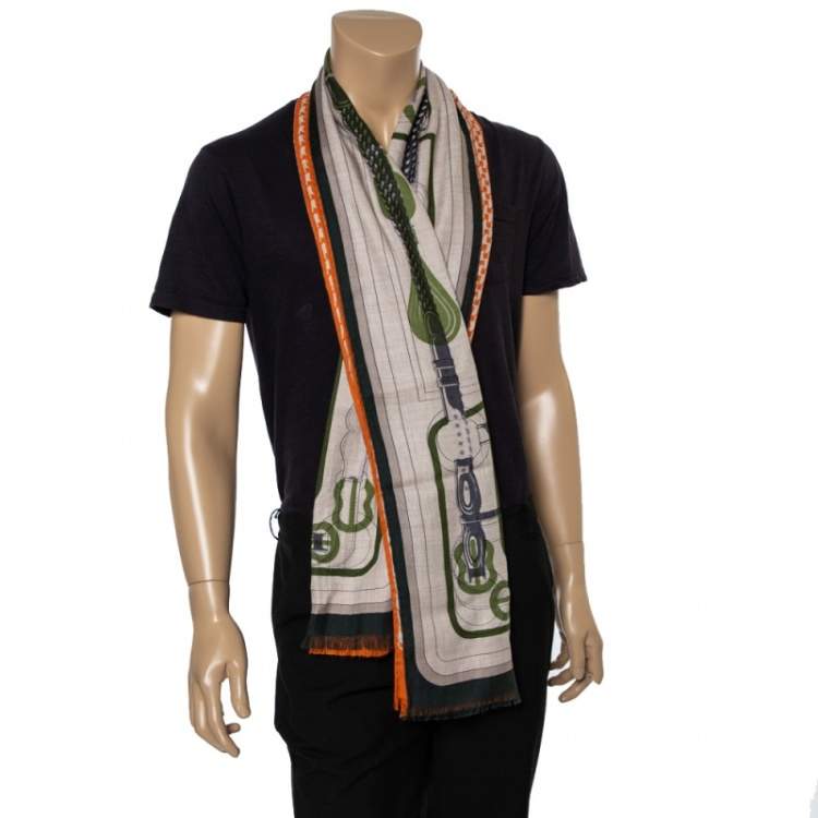 Pre Owned Hermès Orange Imprimeur Fou H Coaching Cashmere Silk Muffler