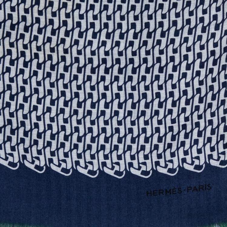 Pre Owned Hermès Blue & Green Imprimeur Fou H Coaching Cashmere Silk Muffler