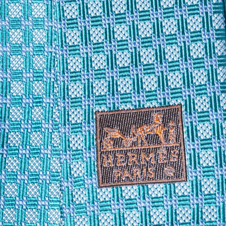 Pre Owned Hermes Turquoise Blue Geometric Pattern Silk Jacquard Tie