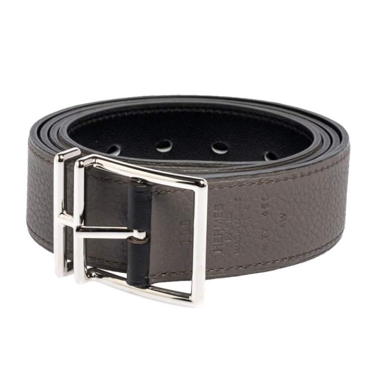Pre Owned Hermes Noir/Etain Box and Togo Leather Nathan Reversible Belt 100 CM