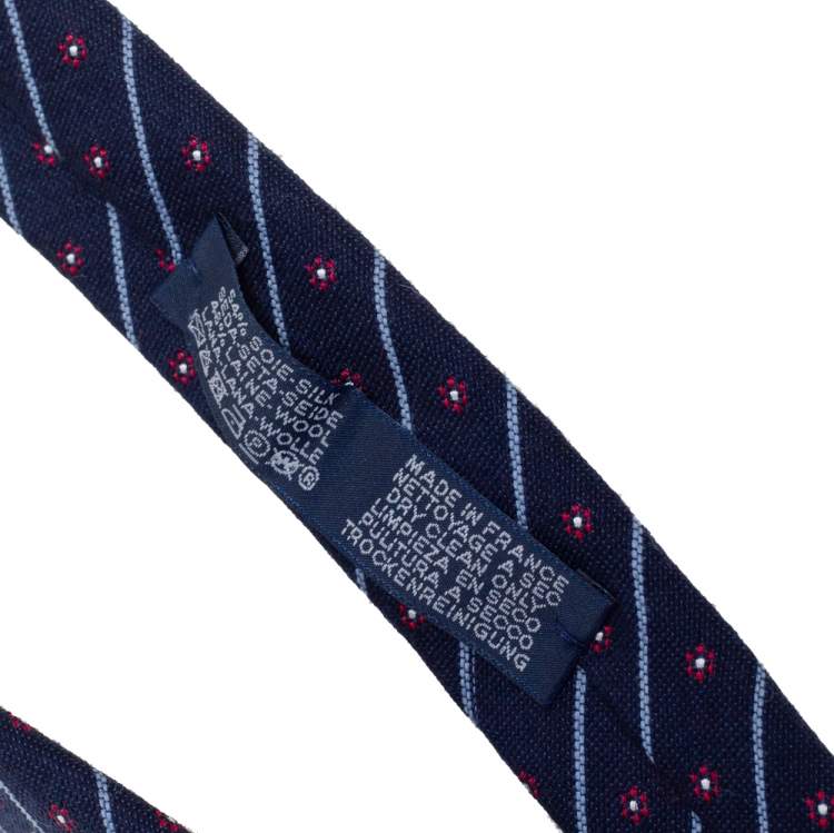 Pre Owned Hermes Navy Blue Flowers In Club Silk Tie 
