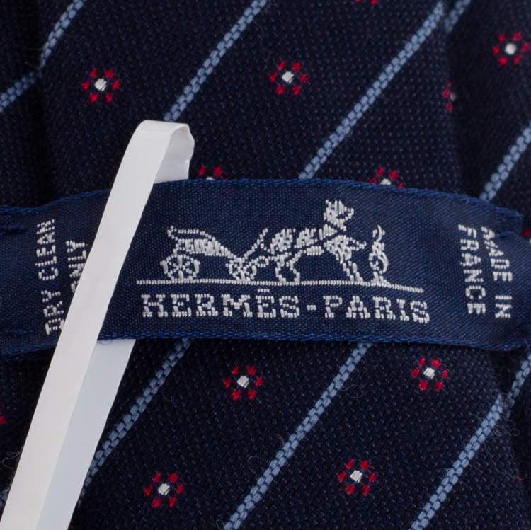Pre Owned Hermes Navy Blue Flowers In Club Silk Tie 