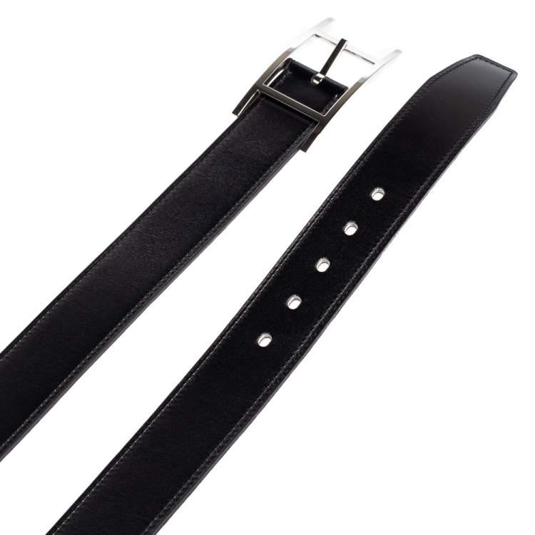 Pre Owned Hermes Noir/Gold Box and Togo Leather Quentin Reversible Belt 100 CM