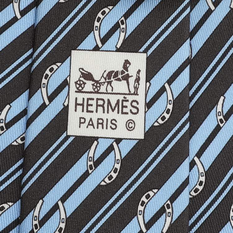 Pre Owned Hermes Blue Horseshoe Striped Silk Tie 