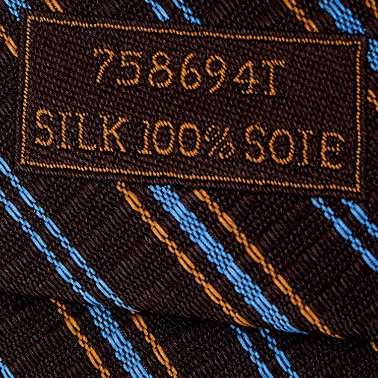 Pre Owned Hermes Brown Diagonal Striped Silk Jacquard Tie 