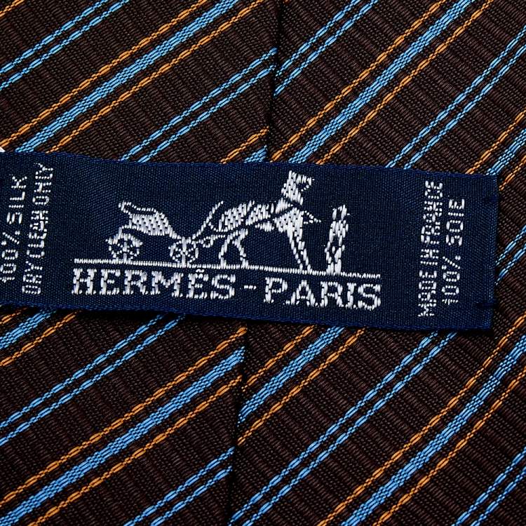 Pre Owned Hermes Brown Diagonal Striped Silk Jacquard Tie 