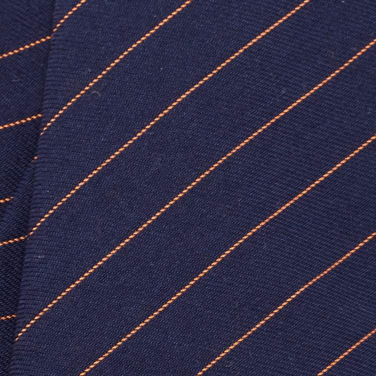 Pre Owned Hermes Blue and Orange Diagonal Striped Wool and Silk Tie