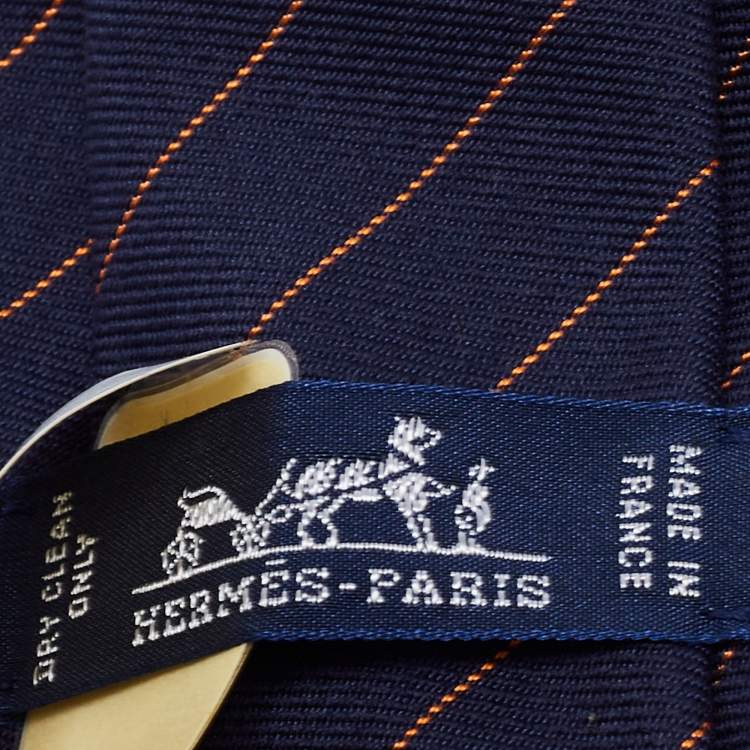Pre Owned Hermes Blue and Orange Diagonal Striped Wool and Silk Tie