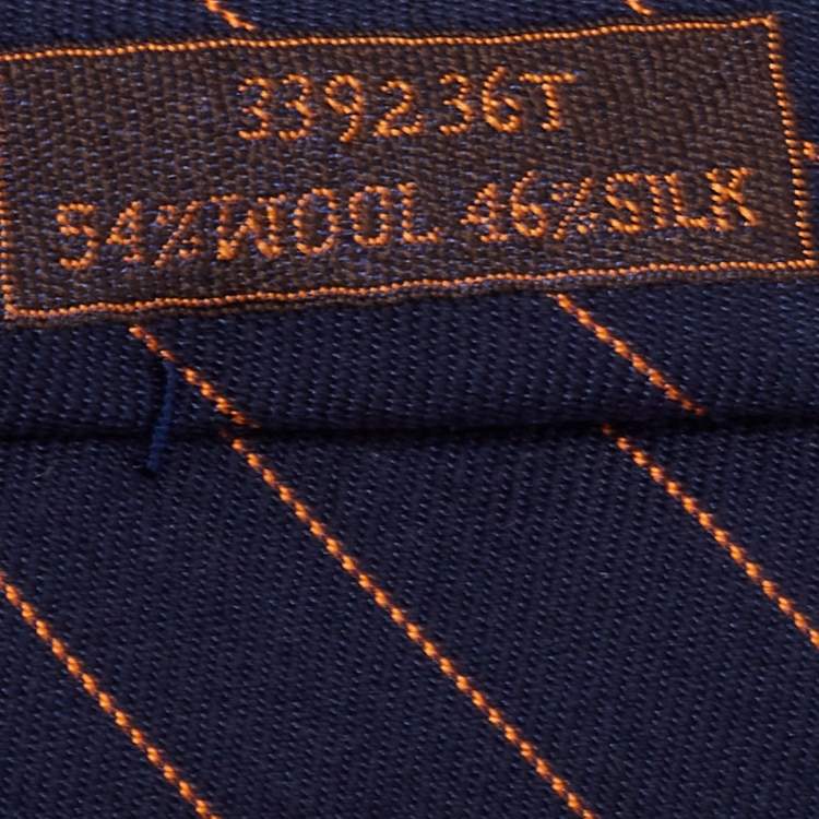 Pre Owned Hermes Blue and Orange Diagonal Striped Wool and Silk Tie
