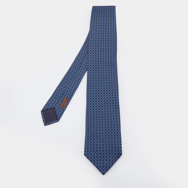 Pre Owned Hermes Navy Blue Lourde Silk Jacquard Tie