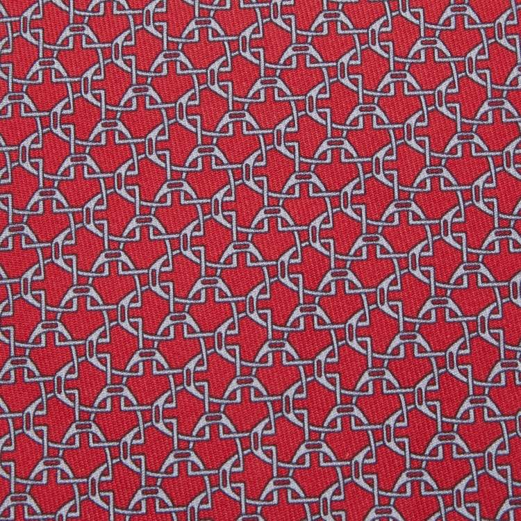 Pre Owned Hermes Red Etriers Croises Printed Silk Tie