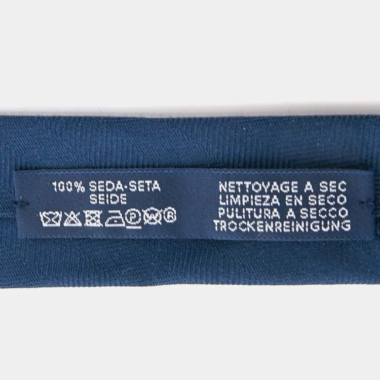 Pre Owned Hermes Marine Blue Cheval Punk Embroidered Silk Slim Tie