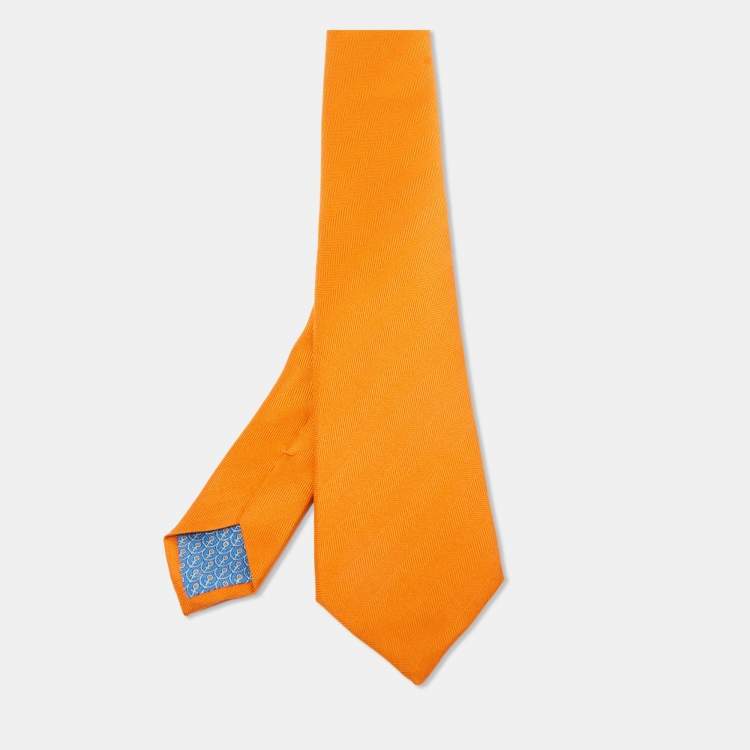 Pre Owned Hermès Orange 7 Chevron Recto Verso Silk Slim Tie 