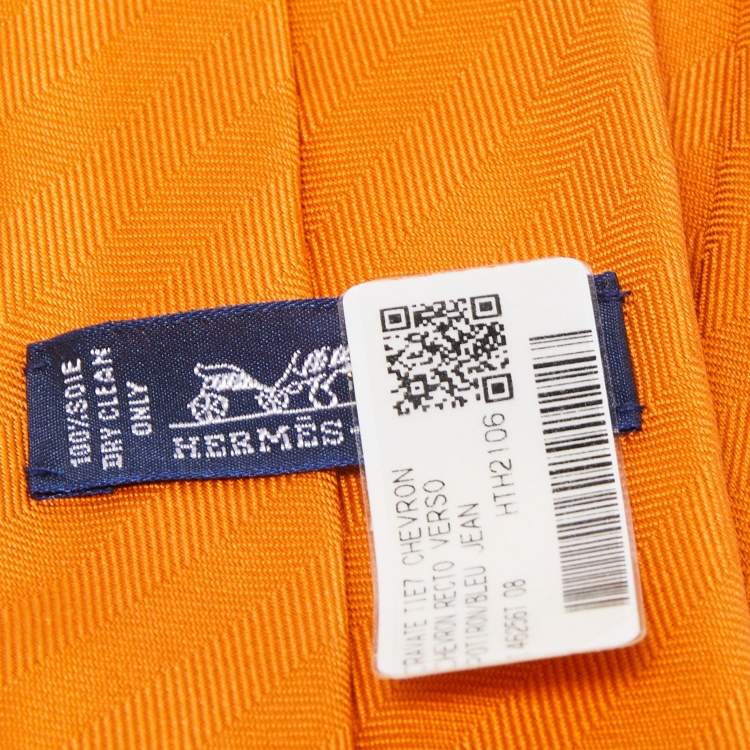 Pre Owned Hermès Orange 7 Chevron Recto Verso Silk Slim Tie 