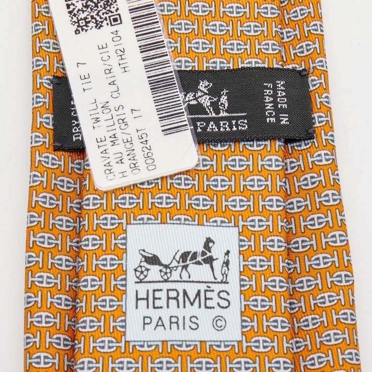 مملوكة مسبقًا Hermès Orange H Au Maillon Printed Silk Skinny Tie