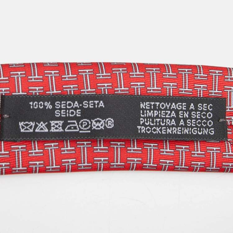 Pre Owned Hermès Red 7 Quinte Printed Silk Slim Tie