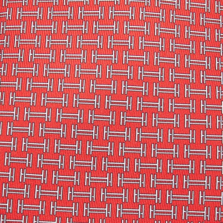 Pre Owned Hermès Red 7 Quinte Printed Silk Slim Tie