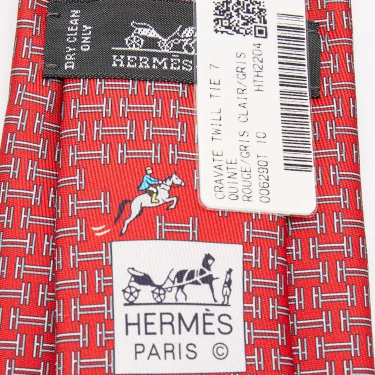 Pre Owned Hermès Red 7 Quinte Printed Silk Slim Tie