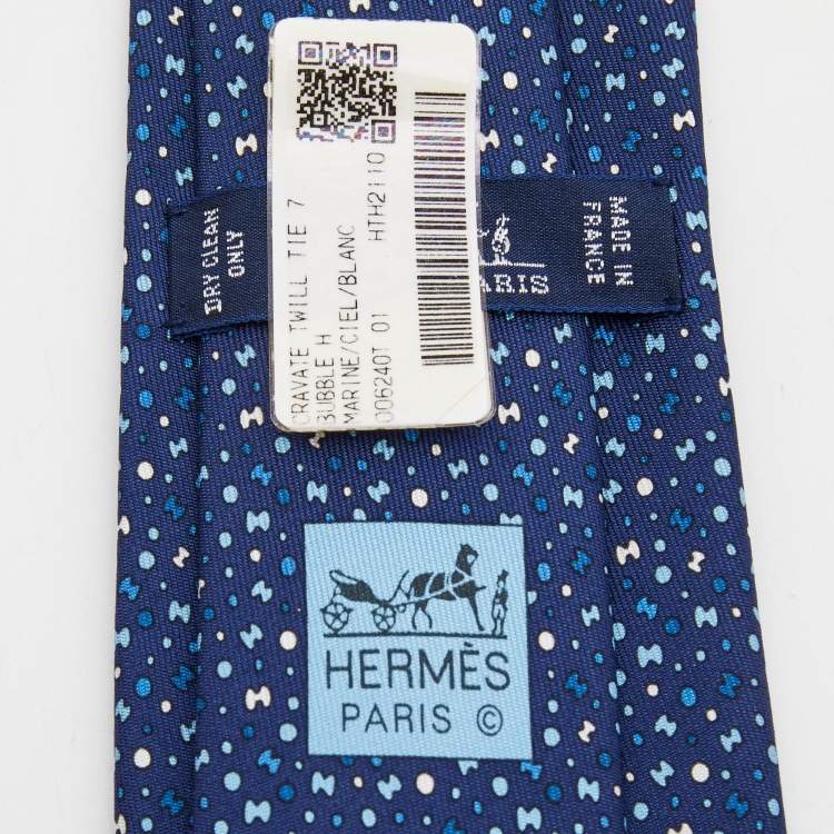 Pre Owned Hermès  Navy Blue 7 Bubble H Printed Silk Skinny Tie