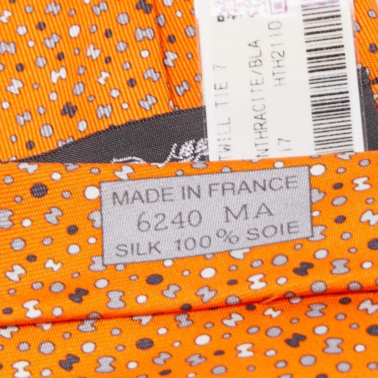 Pre Owned Hermes Orange 7 Bubble H Printed Silk Slim Tie