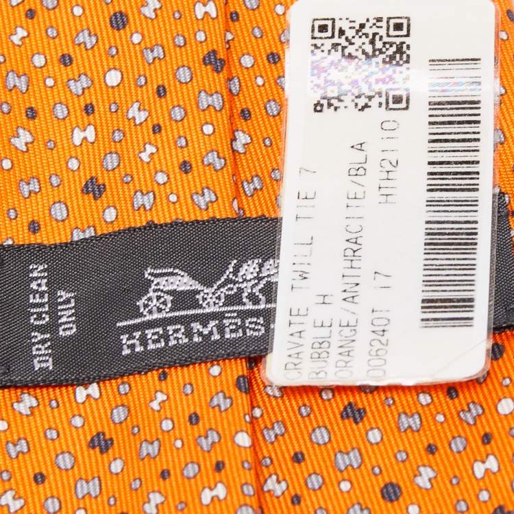 Pre Owned Hermes Orange 7 Bubble H Printed Silk Slim Tie