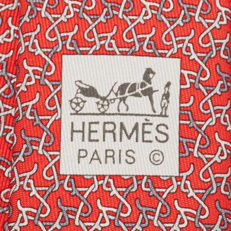Pre Owned Hermès Red 7 Chevrophile Printed Silk Slim Tie