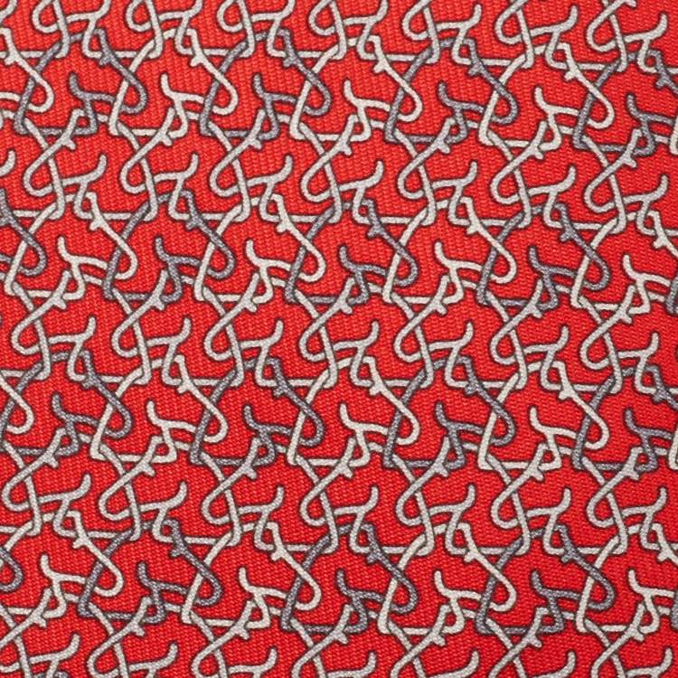 Pre Owned Hermès Red 7 Chevrophile Printed Silk Slim Tie