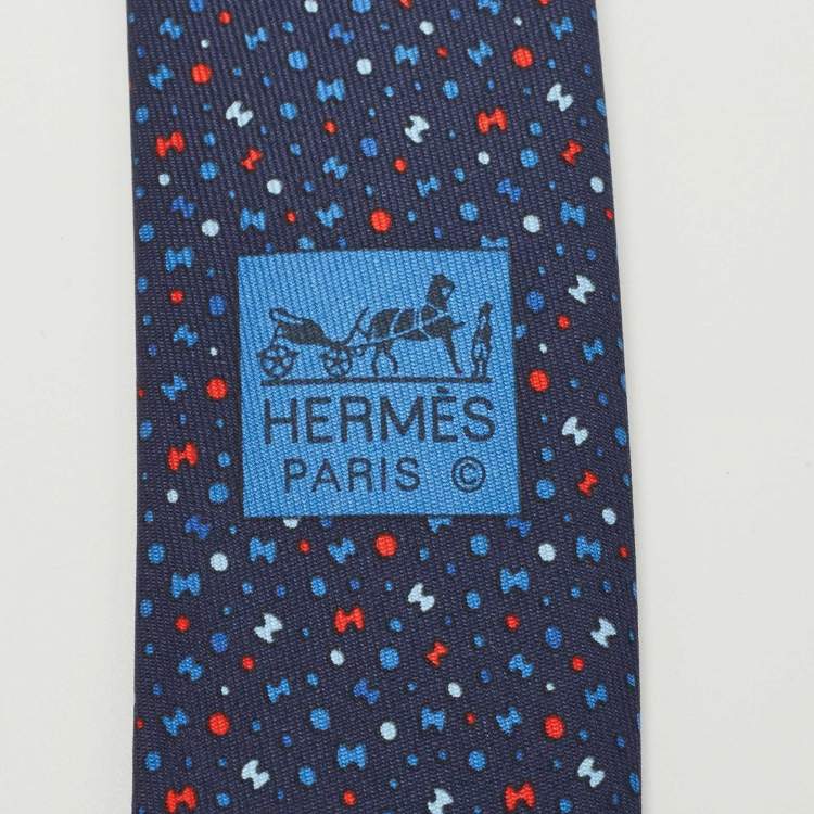 مملوكة مسبقًا Hermès Navy Blue 7 Bubble H Printed Silk Slim Tie 