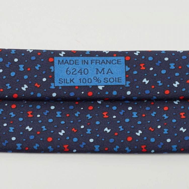 مملوكة مسبقًا Hermès Navy Blue 7 Bubble H Printed Silk Slim Tie 