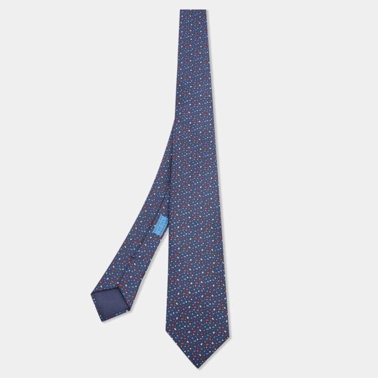 مملوكة مسبقًا Hermès Navy Blue 7 Bubble H Printed Silk Slim Tie 