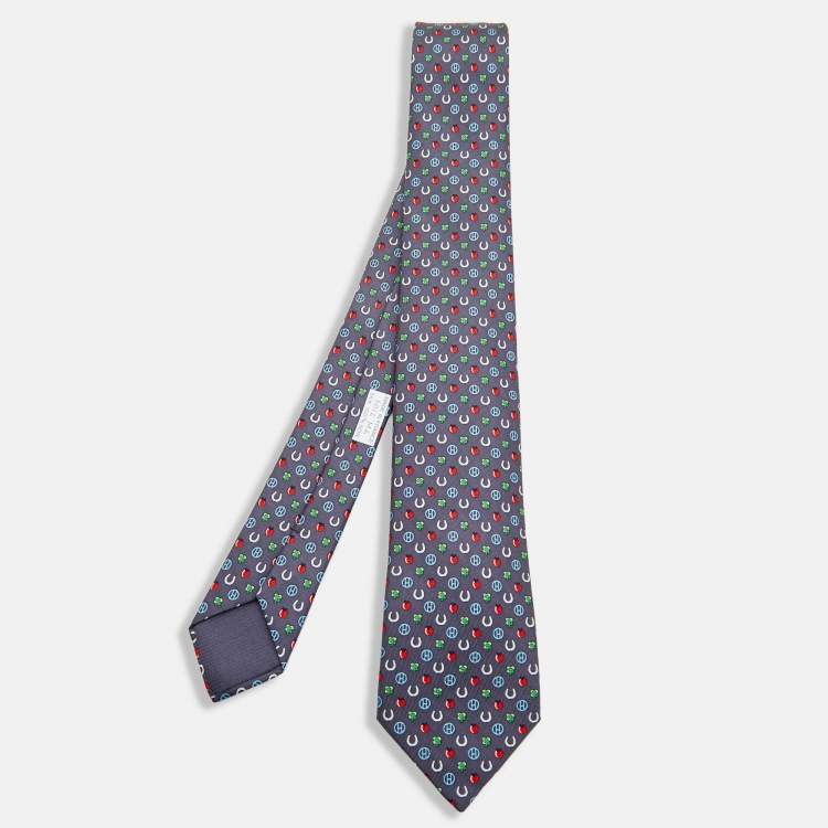 Pre Owned Hermès  Grey Job Interview Printed Silk Slim Tie