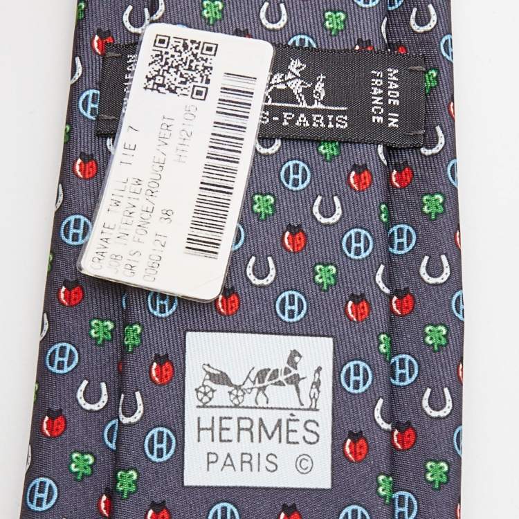 Pre Owned Hermès  Grey Job Interview Printed Silk Slim Tie