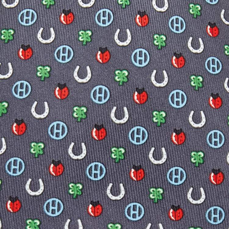 Pre Owned Hermès  Grey Job Interview Printed Silk Slim Tie