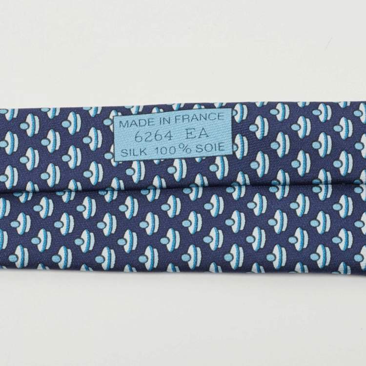Pre Owned Hermès Navy Blue J'Ai Touche Pompon Printed Silk Slim Tie