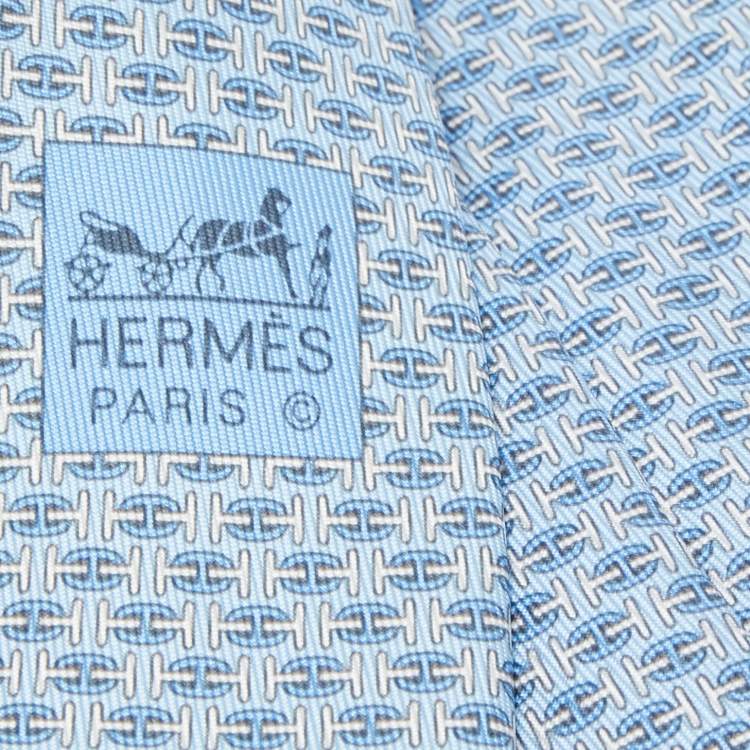Pre Owned Hermès Blue H Au Maillon Printed Silk Skinny Tie