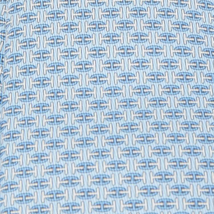 Pre Owned Hermès Blue H Au Maillon Printed Silk Skinny Tie