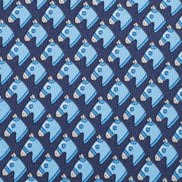 Pre Owned Hermes Navy Blue 7 Cheval Camail Printed Silk Slim Tie