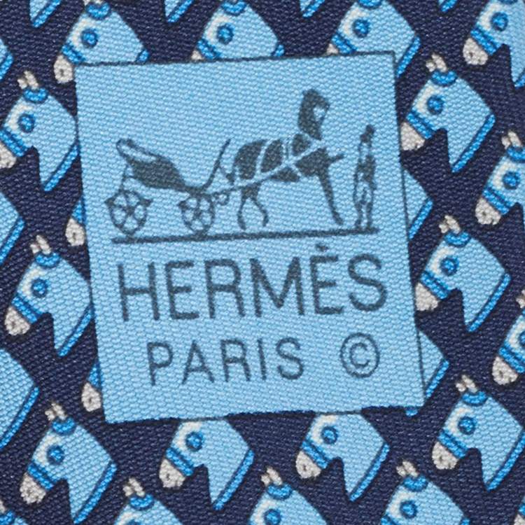 Pre Owned Hermes Navy Blue 7 Cheval Camail Printed Silk Slim Tie