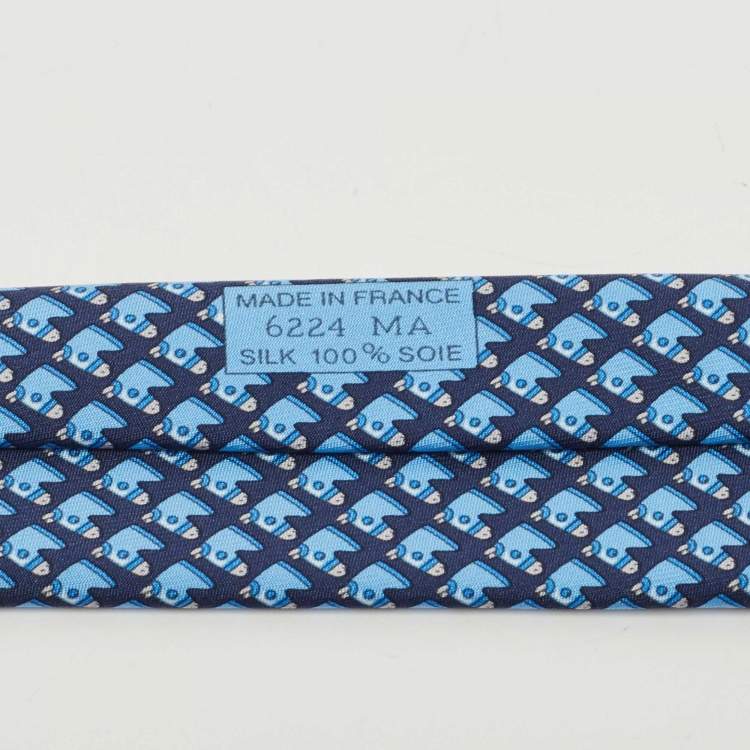 Pre Owned Hermes Navy Blue 7 Cheval Camail Printed Silk Slim Tie