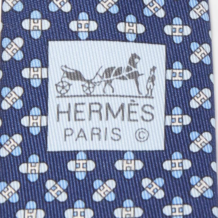 Pre Owned Hermès Navy Blue 7 Drone H Printed Silk Slim Tie