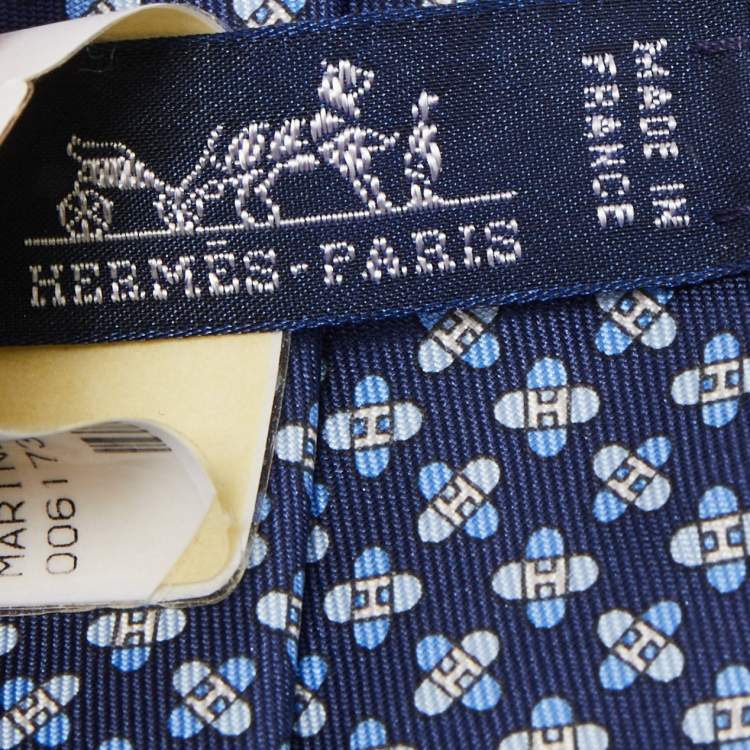 Pre Owned Hermès Navy Blue 7 Drone H Printed Silk Slim Tie