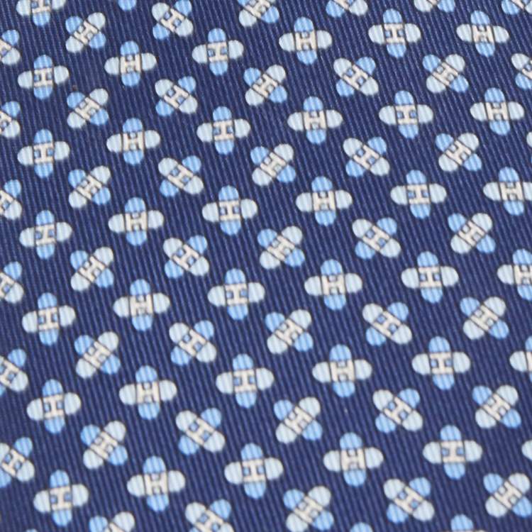 Pre Owned Hermès Navy Blue 7 Drone H Printed Silk Slim Tie
