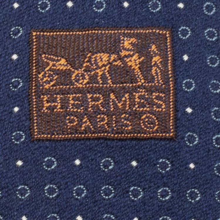 مملوكة مسبقًا Hermes Navy Blue Cercles Et Pois Silk & Wool Jacquard Slim Tie