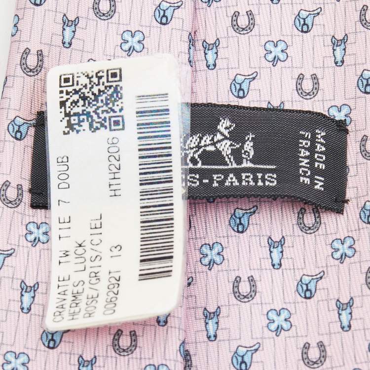 Pre Owned Hermès Pink Luck Printed Silk Slim Tie