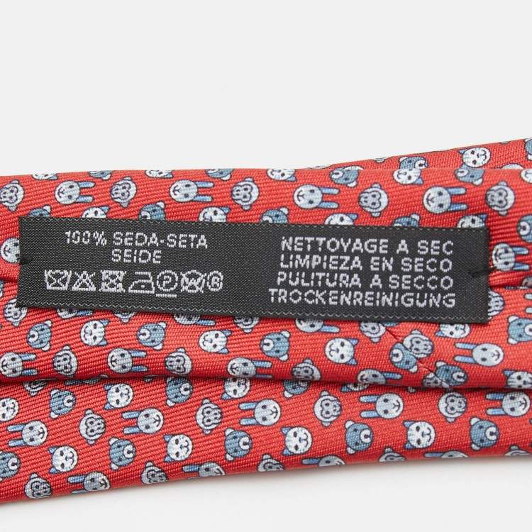Pre Owned Hermès Red Tetes A Pois Printed Silk Slim Tie