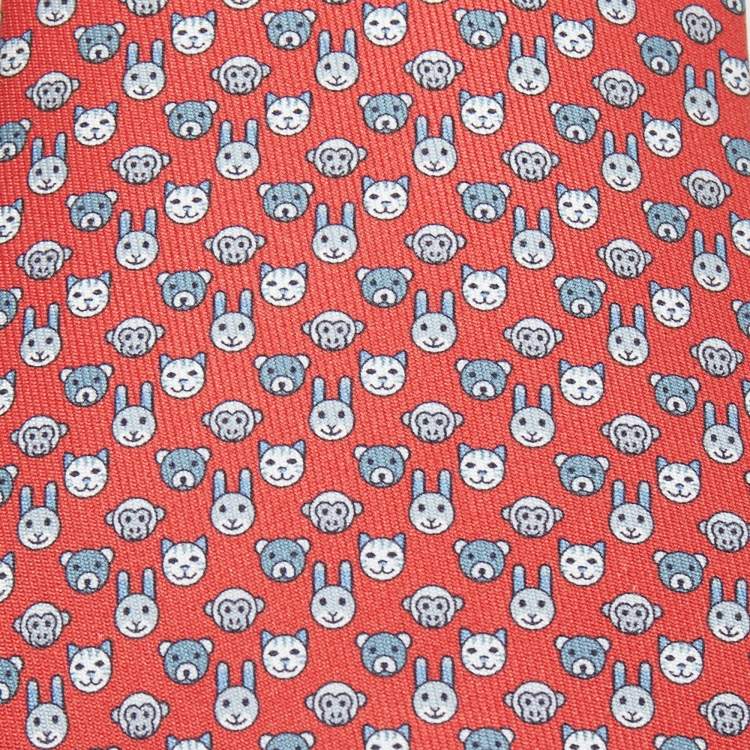 Pre Owned Hermès Red Tetes A Pois Printed Silk Slim Tie