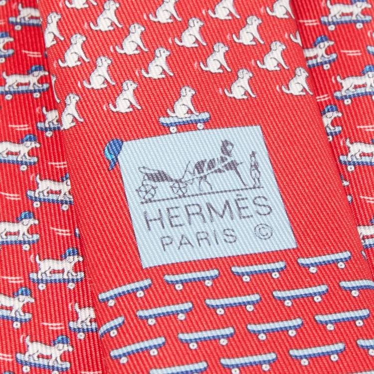 Pre Owned Hermès Red Roller Dog Printed Silk Slim Tie