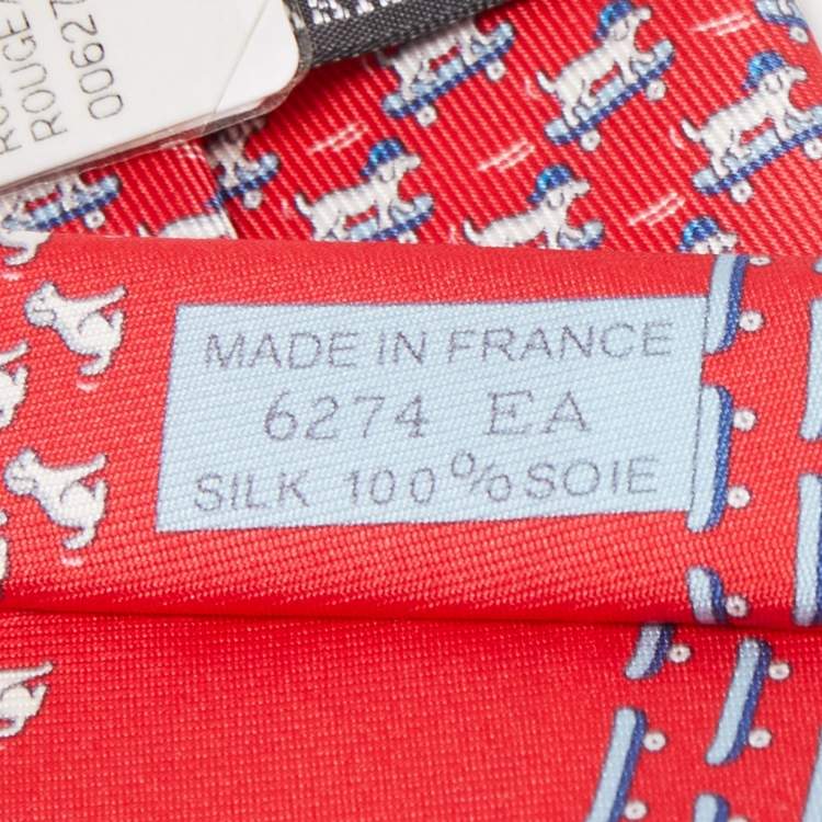 Pre Owned Hermès Red Roller Dog Printed Silk Slim Tie