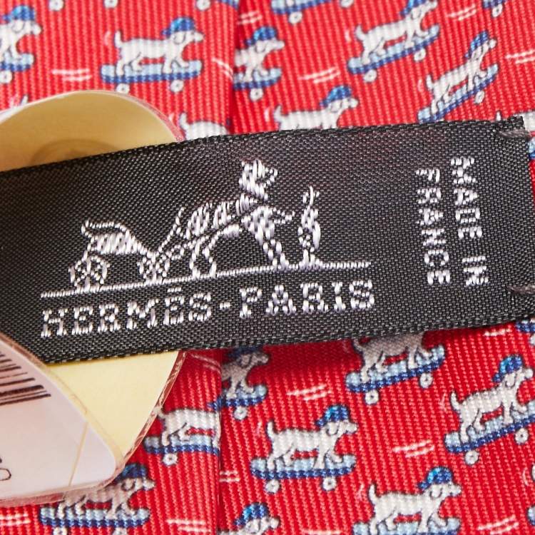 Pre Owned Hermès Red Roller Dog Printed Silk Slim Tie